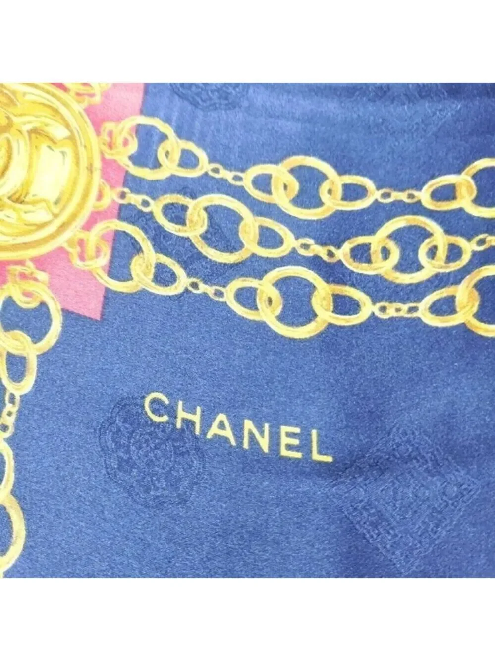 Chanel Vintage Silk Scarf Navy Red Gold Chain Medallion Square Designer Wrap